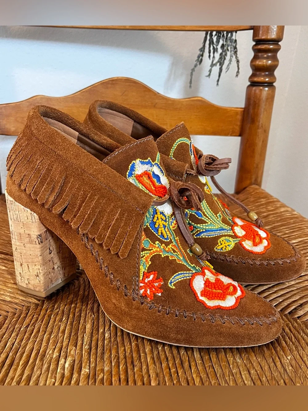 Tory Burch Huntington Suede Beaded Fringe Moccasin Booties